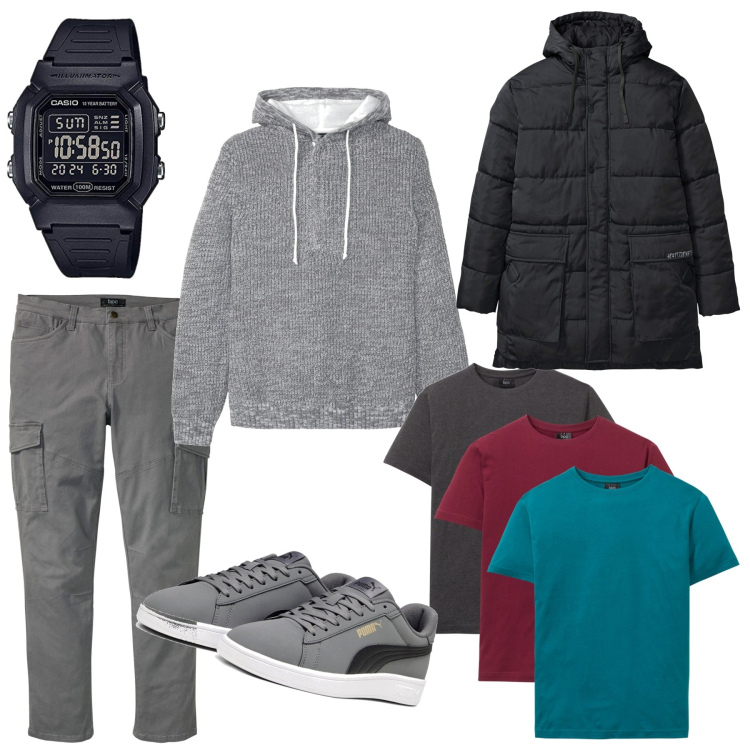 Outfit uomo - Bello caldo. Stile Casual per Tutti i giorni. Abbinamento con t-shirt, parka, maglieria, pantaloni cargo, sneakers, orologi digitali.