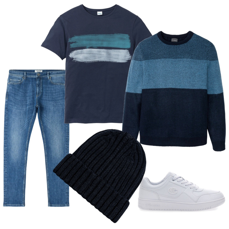 Outfit uomo - Righe blu. Stile Casual per Tutti i giorni. Abbinamento con t-shirt, maglieria, jeans skinny, sneakers, berretti.