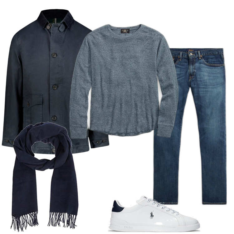 Outfit uomo - Oggi in blu. Stile Casual per Tutti i giorni. Abbinamento con jeans dritti, maglieria, sneakers, giacche, sciarpe.