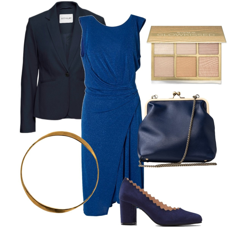 Outfit donna - Azzurro lurex. Stile Sexy per Serata fuori. Abbinamento con blazer, décolleté, blush, vestiti asimmetrici, clutch, braccialetti.