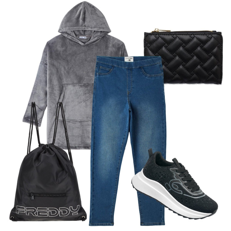 Outfit donna - I jeans con l’elastico. Stile Basic per Tutti i giorni. Abbinamento con jeggings, felpe con cappuccio, zaini, sneakers, portafogli.