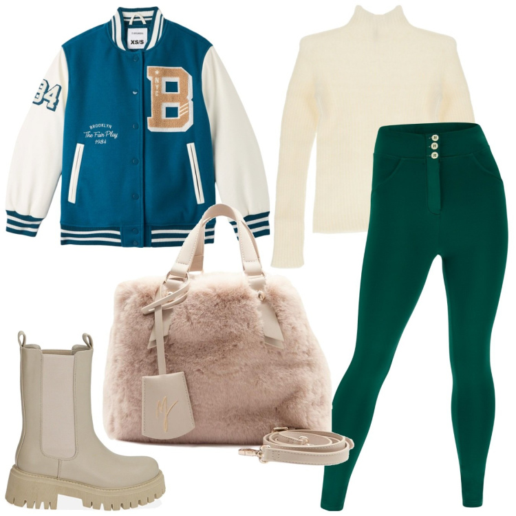 Outfit donna - Verde scuro. Stile Preppy per Tutti i giorni. Abbinamento con bomber, pullovers, stivaletti chelsea, pantaloni skinny, borse a mano.