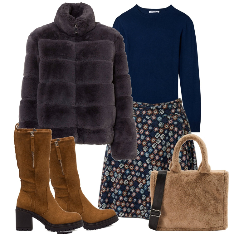 Outfit donna - La gonna al ginocchio. Stile Bon Ton per Ufficio. Abbinamento con ecopellicce, maglieria, shopping bag, stivali sopra il ginocchio, gonne.