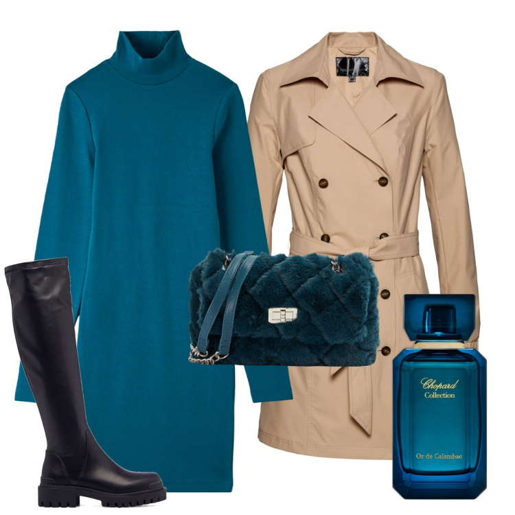 Outfit donna - Minimal ottanio. Stile Minimal per Tutti i giorni. Abbinamento con trench, profumi, vestiti, borse a spalla, stivali.