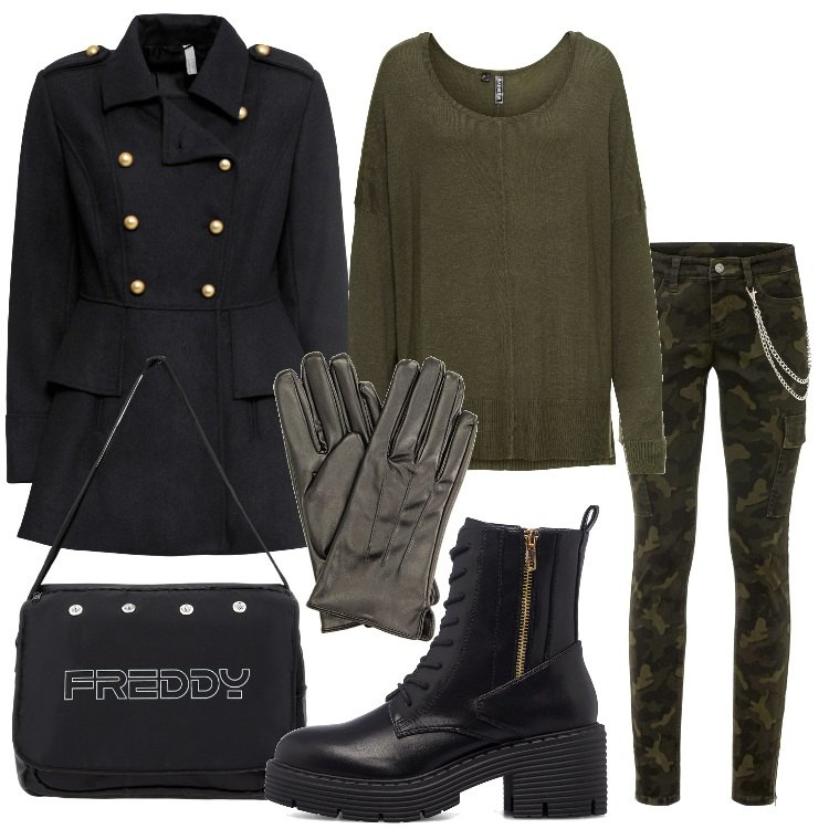 Outfit donna - Preparati per il Black Month Bantoa. Stile Military per Tutti i giorni. Abbinamento con maglieria, pantaloni cargo, cappotti, borse messenger, guanti, anfibi.