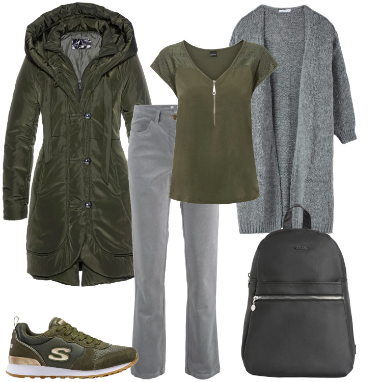 Outfit donna - Il giaccone verde scuro. Stile Casual per Tutti i giorni. Abbinamento con blazer, pantaloni, t-shirt, sneakers, cardigans, zaini.