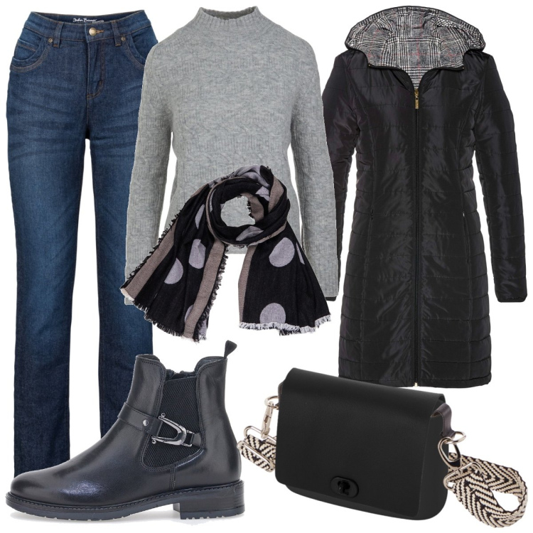 Outfit donna - Parka e jeans. Stile Casual per Tutti i giorni. Abbinamento con blazer, jeans dritti, stivaletti, borse a spalla, maglieria, sciarpe.