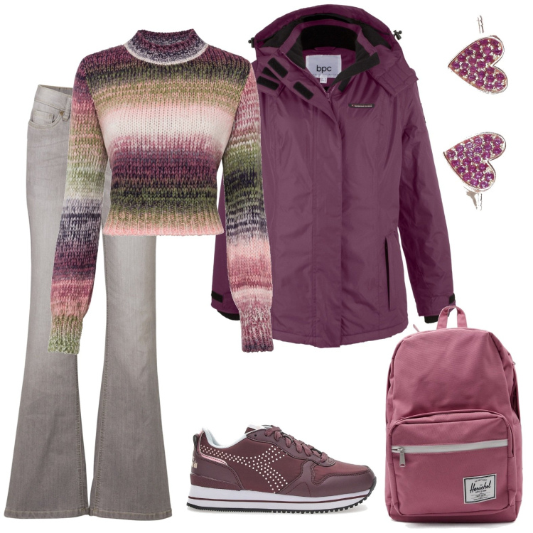 Outfit donna - La maglia colorata. Stile Casual per Tutti i giorni. Abbinamento con jeans bootcut, cappotti, maglieria, orecchini, sneakers, zaini.