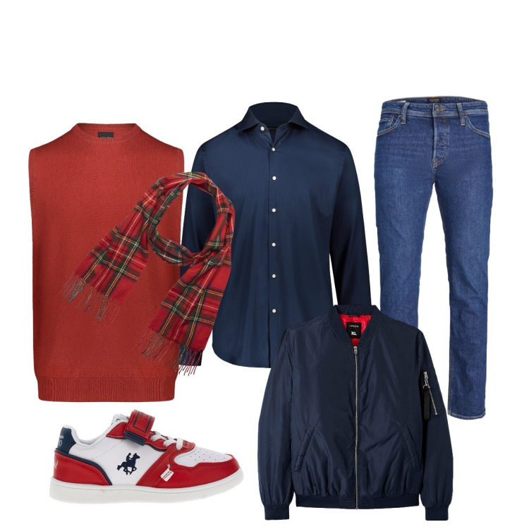 Outfit uomo - Total look #1763874. Stile Casual per Tutti i giorni. Abbinamento con bomber, jeans, gilet, sneakers, camicie, sciarpe.