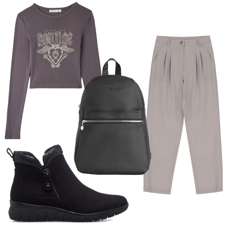 Outfit donna - Total look #1763876. Stile Basic per Tutti i giorni. Abbinamento con t-shirt, zaini, pantaloni capri, stivaletti.