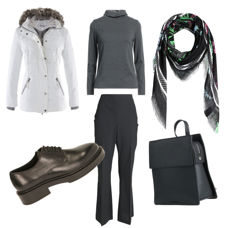 Outfit donna - Giornata fredda. Stile Casual chic per Tutti i giorni. Abbinamento con piumini, zaini, pantaloni, maglieria, sciarpe, scarpe stringate.