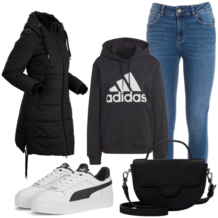 Outfit donna - Comodità. Stile Basic per Tutti i giorni. Abbinamento con blazer, jeans skinny, sneakers, felpe con cappuccio, borse a spalla.