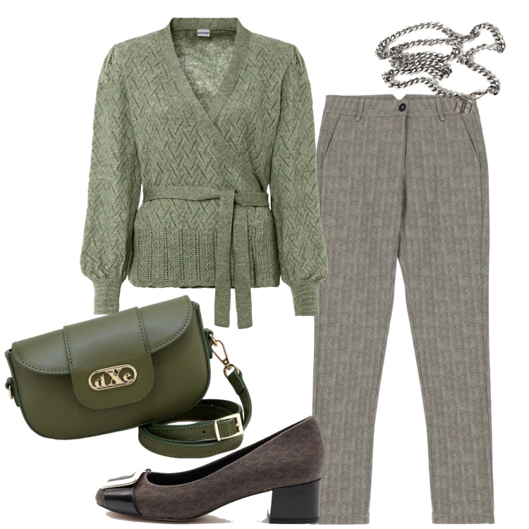 Outfit donna - In ufficio. Stile Casual chic per Tutti i giorni. Abbinamento con maglieria, cinture, pantaloni, pochette, décolleté.