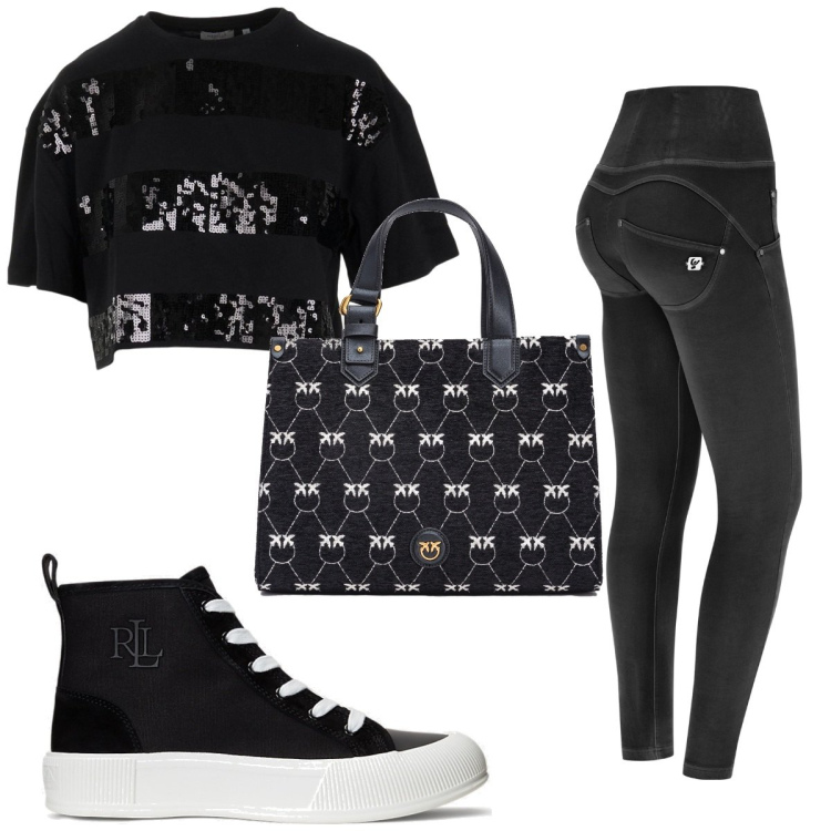 Outfit donna - Total look #1763931. Stile Trendy per Tutti i giorni. Abbinamento con shopping bag, pantaloni skinny, sneakers, t-shirt.