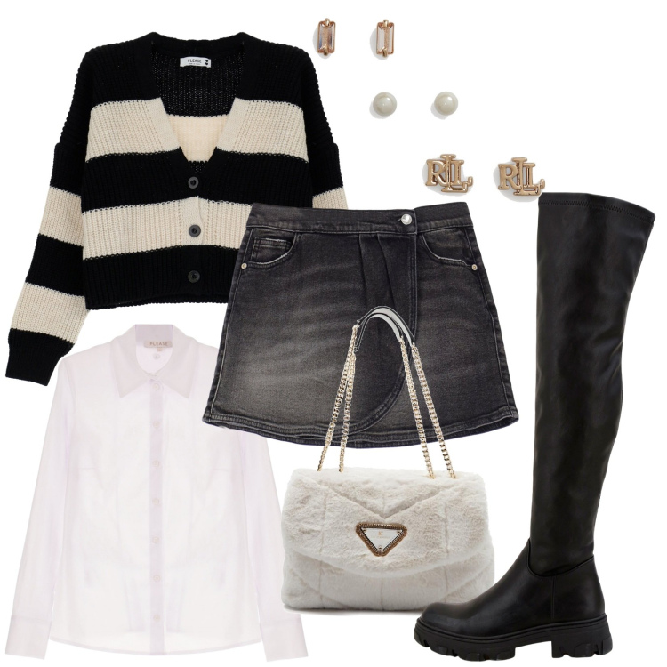 Outfit donna - Stivali neri. Stile Casual chic per Serata fuori. Abbinamento con camicie, minigonne, cardigans, stivali, orecchini, borse a spalla.