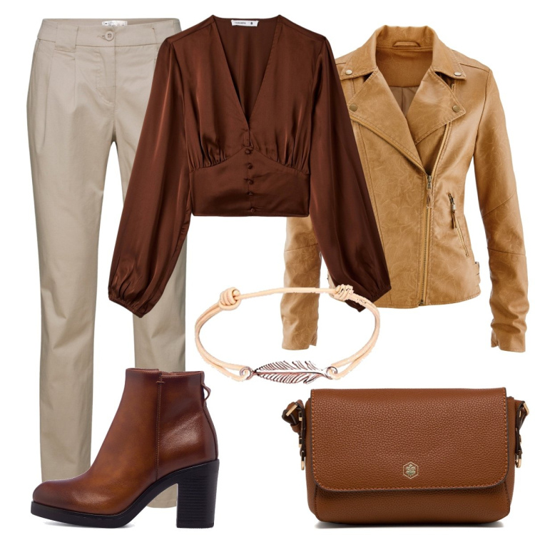 Outfit donna - Apericena autunno inverno. Stile Glamour per Serata fuori. Abbinamento con pantaloni chino, blazer, bluse, borse a tracolla, stivaletti, braccialetti.