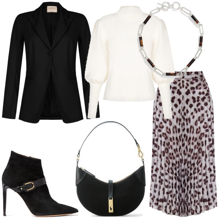 Outfit donna - Total look #1764030. Stile Casual chic per Tutti i giorni. Abbinamento con gonne longuette, blazer, maglieria, borse a spalla, stivaletti, collane.