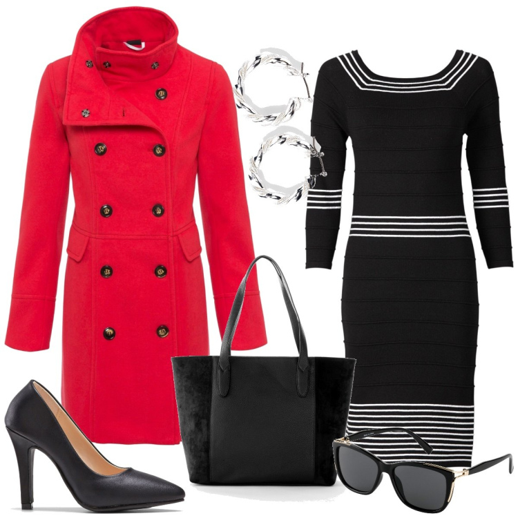 Outfit donna - Total look #1764043. Stile Casual chic per Tutti i giorni. Abbinamento con vestiti, shopping bag, orecchini, cappotti, décolleté, occhiali da sole.
