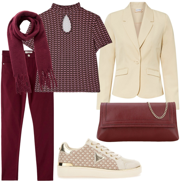 Outfit donna - Casual chic. Stile Casual chic per Tutti i giorni. Abbinamento con blazer, t-shirt, pantaloni, sciarpe, pochette, sneakers.