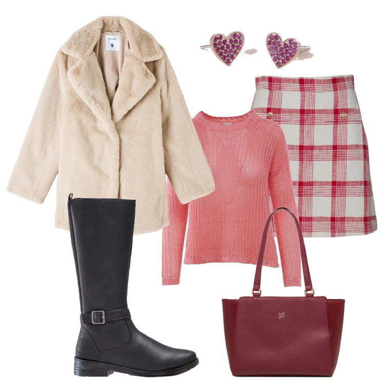 Outfit donna - La calda maglia rosa. Stile Casual chic per Tutti i giorni. Abbinamento con stivali, ecopellicce, orecchini, borse a spalla, maglieria, gonne.