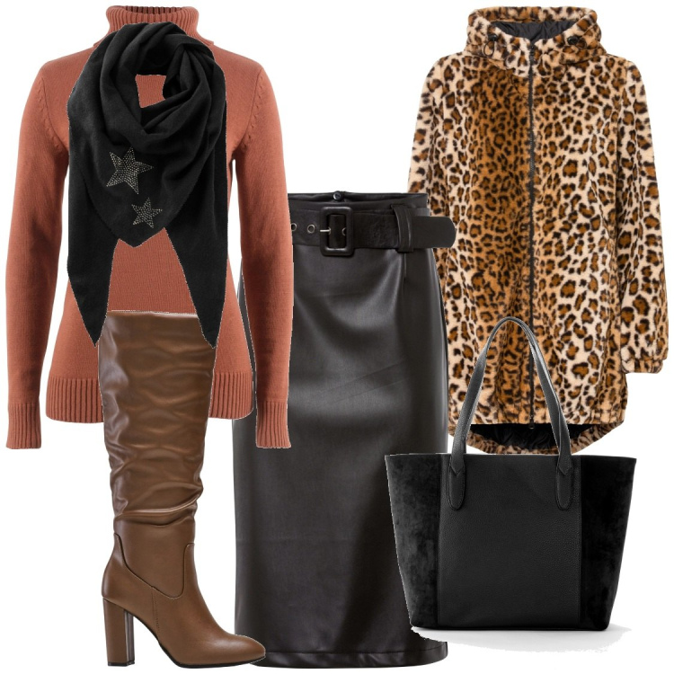 Outfit donna - La sciura trendy. Stile Bon Ton per Ufficio. Abbinamento con foulard, shopping bag, gonne longuette, ecopellicce, maglieria, stivali sopra il ginocchio.