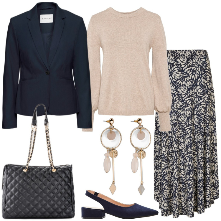 Outfit donna - Total look #1764051. Stile Romantica per Tutti i giorni. Abbinamento con maglieria, blazer, shopping bag, gonne, décolleté, orecchini.