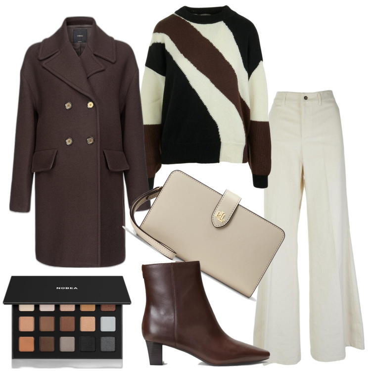 Outfit donna - Tris di colori. Stile Casual chic per Tutti i giorni. Abbinamento con ombretti, cappotti, stivaletti, pochette, pantaloni, maglieria.
