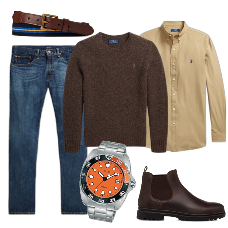 Outfit uomo - L orologio che distingue. Stile Business/Elegante per Ufficio. Abbinamento con jeans dritti, camicie, cinture, stivali e stivaletti, maglieria, orologi.