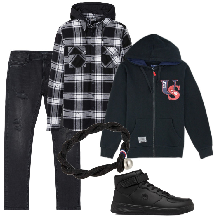 Outfit uomo - Camicia e felpa. Stile Urban per Tutti i giorni. Abbinamento con camicie, jeans strappati, sneakers alte, felpe con cappuccio, braccialetti.