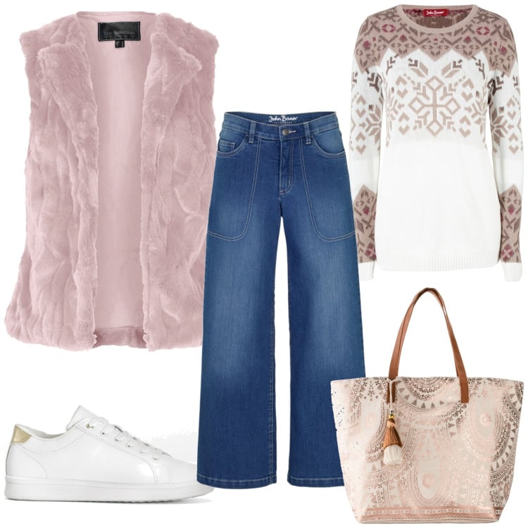 Outfit donna - Sfumature di rosa. Stile Casual per Ufficio. Abbinamento con gilet, jeans, maglieria, shopping bag, sneakers.
