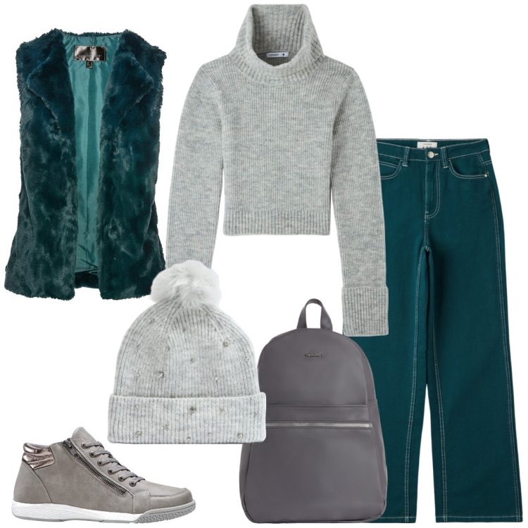Outfit donna - Total look #1764114. Stile Casual per Scuola/Università. Abbinamento con sneakers alte, gilet, pantaloni, maglieria, berretti, zaini.