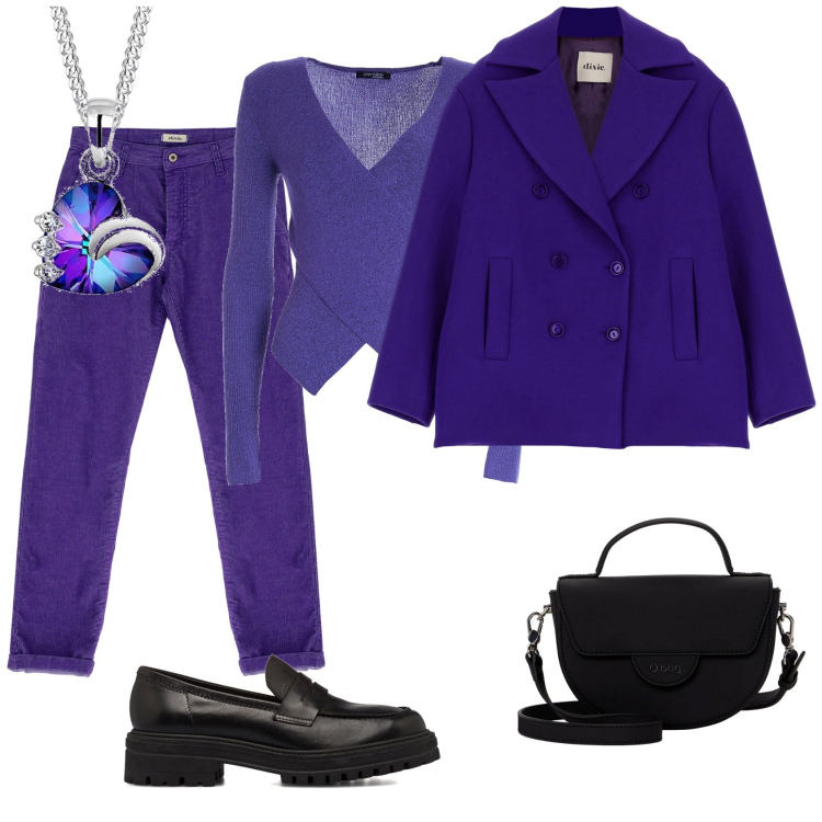 Outfit donna - Viola. Stile Casual chic per Tutti i giorni. Abbinamento con cappotti, pantaloni, maglieria, mocassini, ciondoli, borse a spalla.