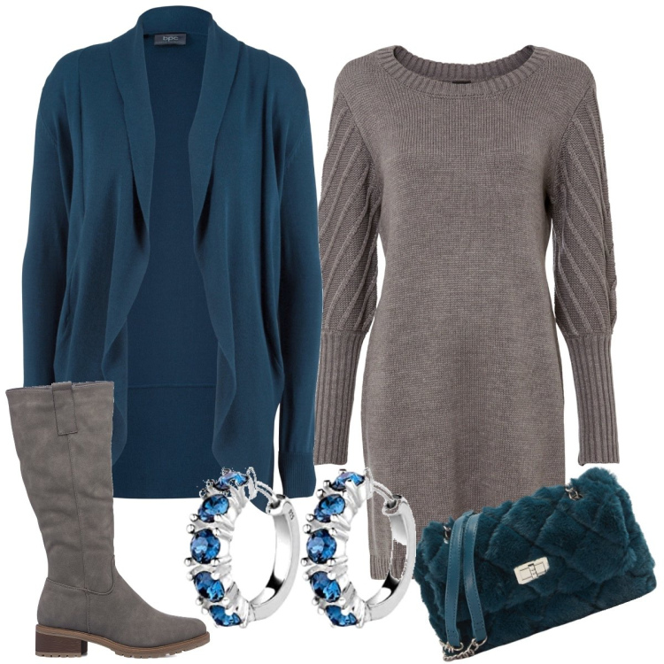 Outfit donna - In maglia. Stile Casual chic per Tutti i giorni. Abbinamento con cardigans, vestiti, borse a spalla, stivali sopra il ginocchio, orecchini.