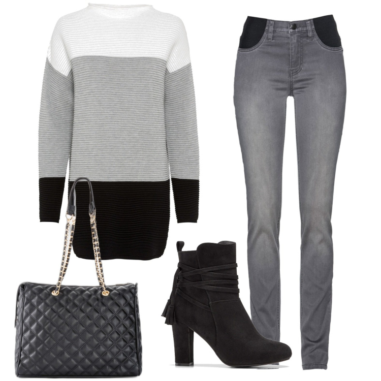 Outfit donna - Grey. Stile Casual per Ufficio. Abbinamento con jeans, maglieria, shopping bag, stivaletti.