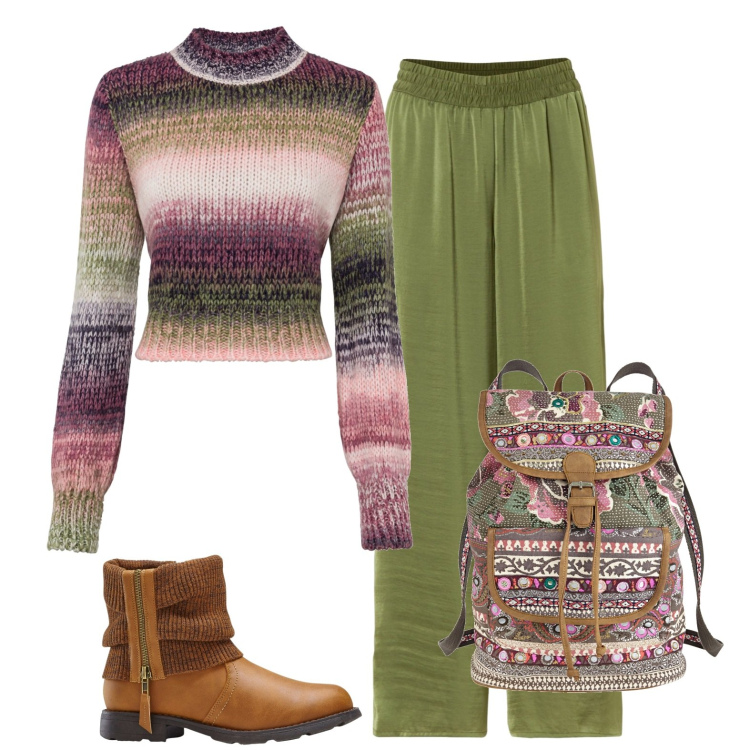 Outfit donna - Verde e rosa. Stile Casual per Scuola/Università. Abbinamento con stivaletti, maglieria, pantaloni a palazzo, zaini.
