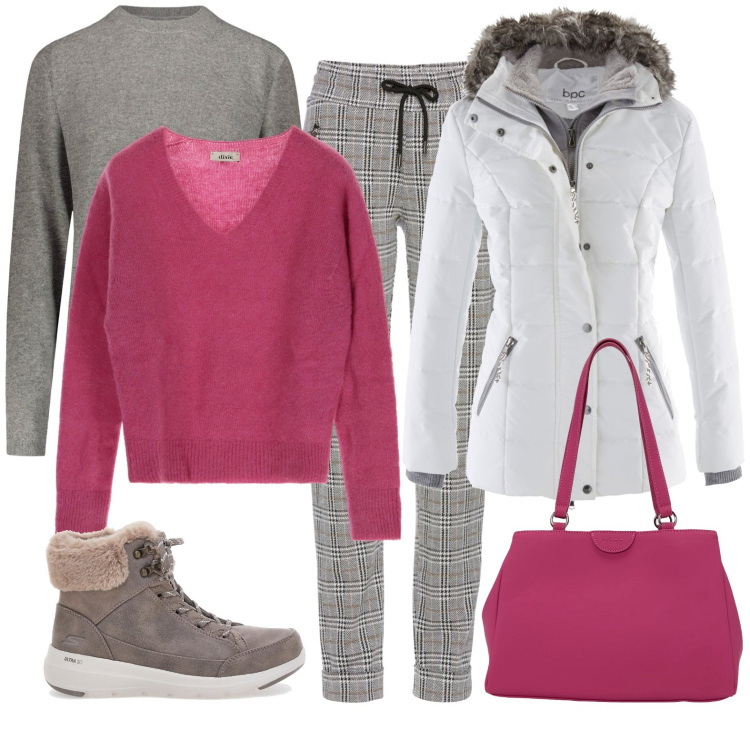 Outfit donna - Fucsia e grigio. Stile Sporty chic per Tutti i giorni. Abbinamento con piumini, pantaloni, pullovers, pullovers, borse a spalla, stivaletti.