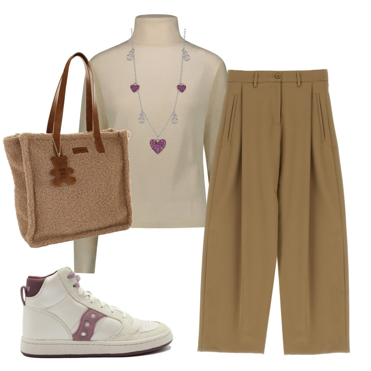 Outfit donna - Comoda e perfetta per il giorno. Stile Casual per Ufficio. Abbinamento con collane, pantaloni culotte, pullovers, sneakers, borse a spalla.