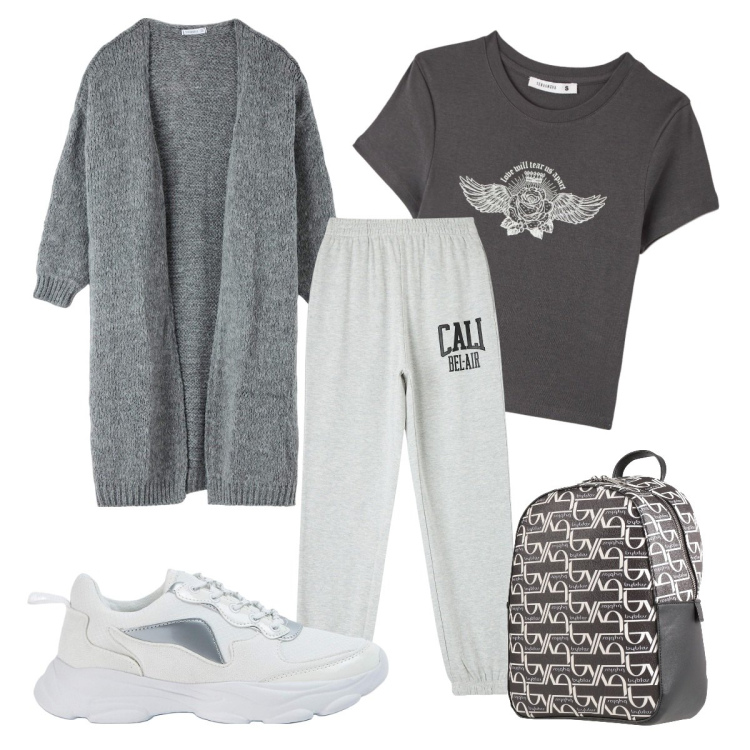 Outfit donna - Sportiva. Stile Sporty chic per Tutti i giorni. Abbinamento con zaini, pantaloni sportivi, cardigans, sneakers, t-shirt.