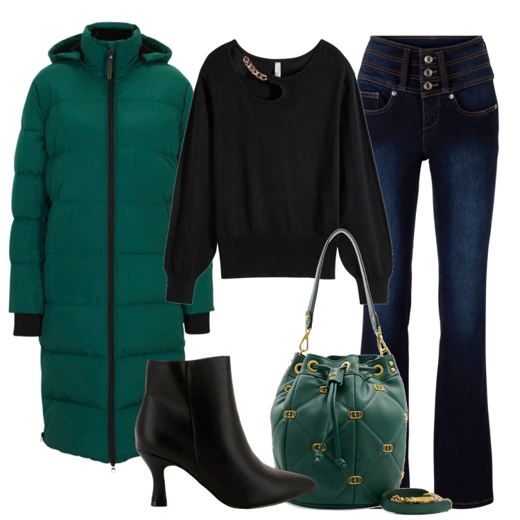 Outfit donna - Verde inglese splendido. Stile Trendy per Tutti i giorni. Abbinamento con jeans bootcut, piumini, maglieria, stivaletti, borse a spalla.