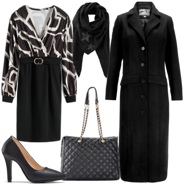 Outfit donna - Ricevimento serale. Stile Chic per Cerimonia. Abbinamento con cappotti, shopping bag, foulard, vestiti, décolleté.