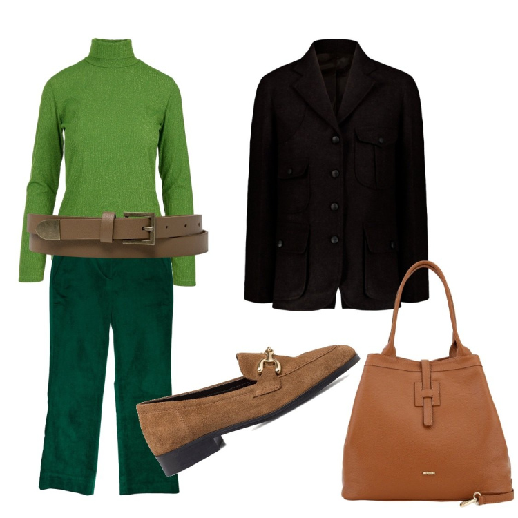 Outfit donna - Comodamente in città. Stile Casual chic per Tutti i giorni. Abbinamento con borse a secchiello, mocassini, cinture, maglieria, cappotti, pantaloni.