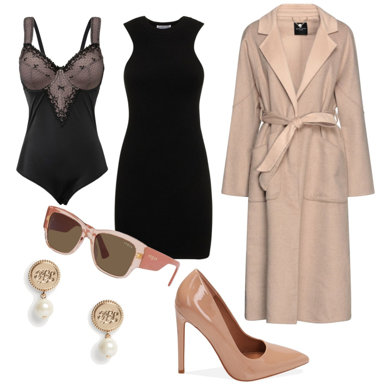 Outfit donna - La décolleté nude lucida. Stile Chic per Serata fuori. Abbinamento con body, cappotti, occhiali da sole, décolleté, orecchini, vestiti.