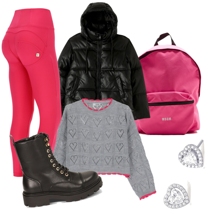 Outfit donna - Queen of Hearts. Stile Casual per Tutti i giorni. Abbinamento con piumini, orecchini, maglieria, pantaloni skinny, anfibi, zaini.