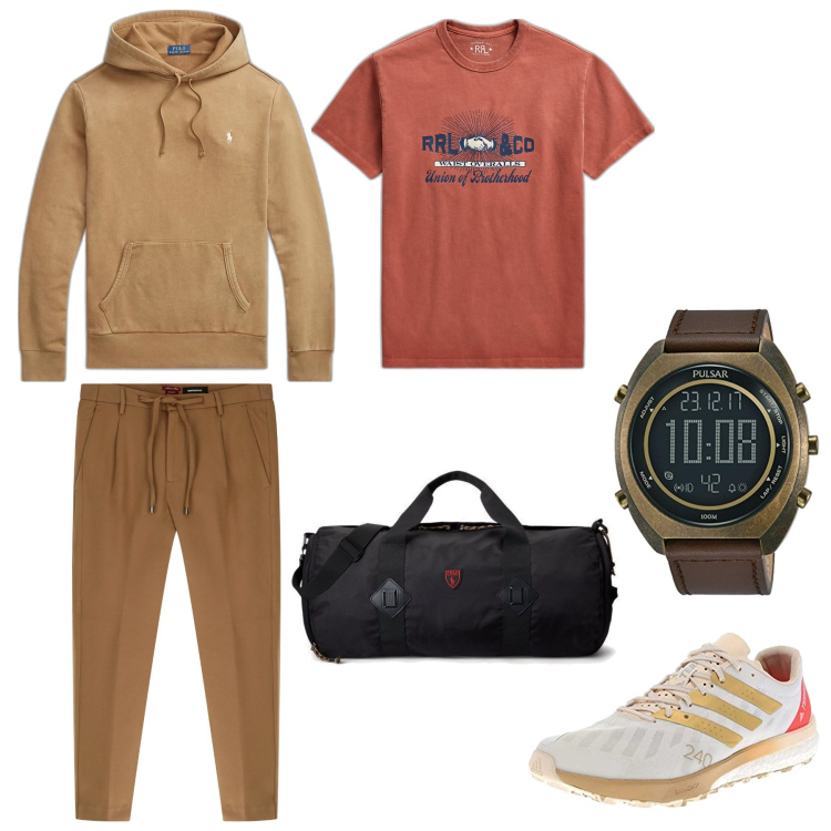 Outfit uomo - Sportivo con stile. Stile Casual per Sport. Abbinamento con pantaloni, felpe con cappuccio, t-shirt, borse sportive, orologi digitali, scarpe sportive.