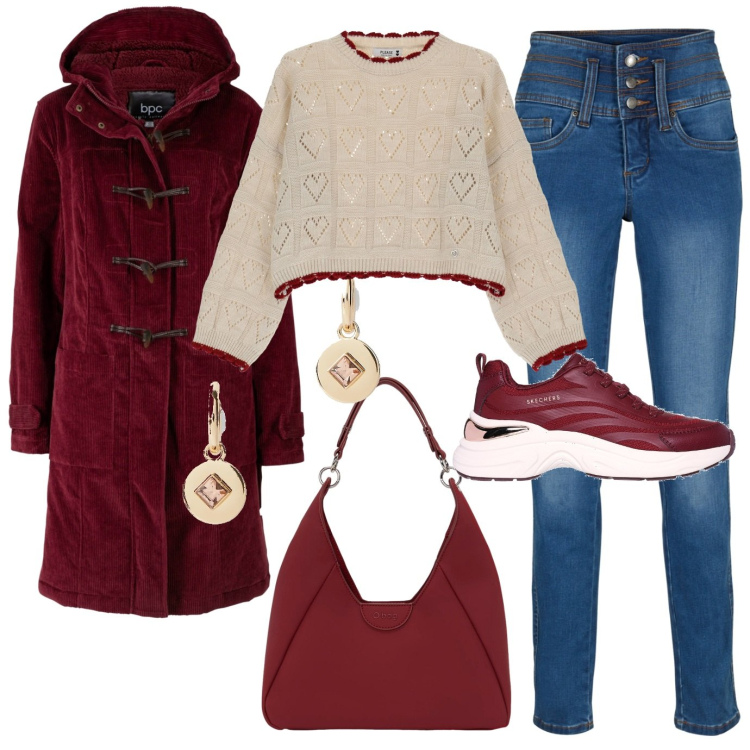 Outfit donna - Sangria. Stile Basic per Tutti i giorni. Abbinamento con jeans, montgomery, maglieria, orecchini, sneakers, borse a spalla.