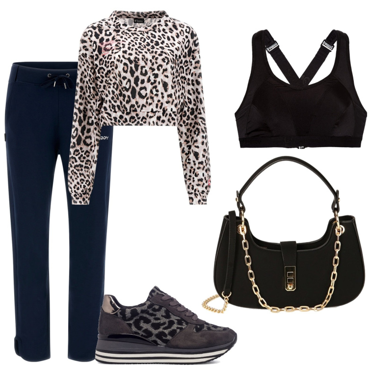 Outfit donna - La felpa animalier. Stile Sporty chic per Tutti i giorni. Abbinamento con reggiseni, pantaloni, felpe sportive, borse a spalla, sneakers.