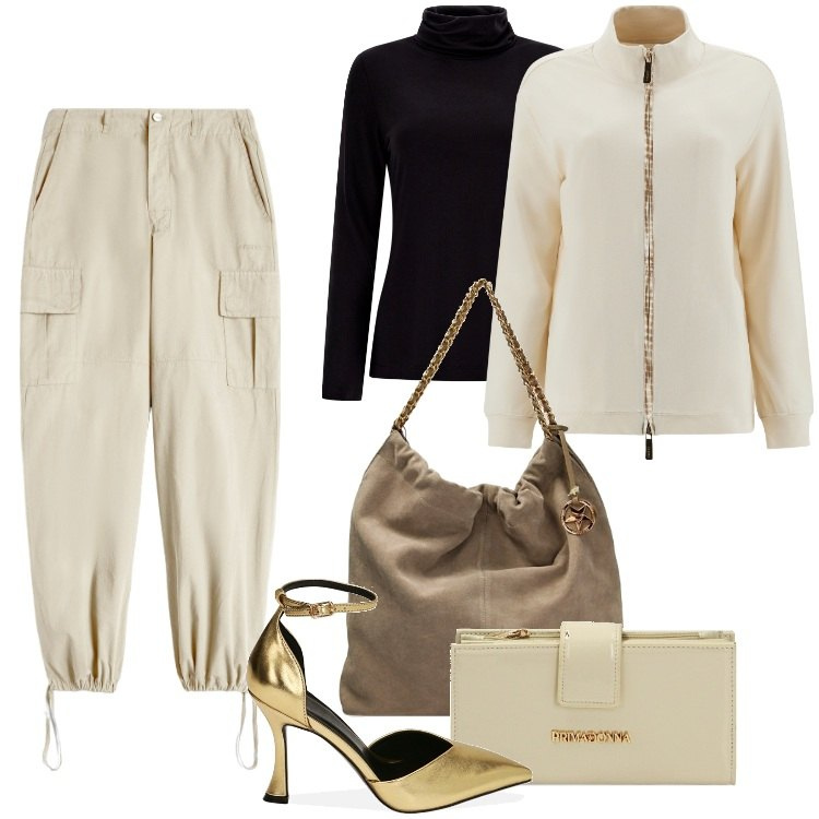 Outfit donna - Freddy per il Black Friday - Novembre. Stile Sporty chic per Ufficio. Abbinamento con borse a spalla, portafogli, décolleté, pantaloni cargo, felpe, maglieria.