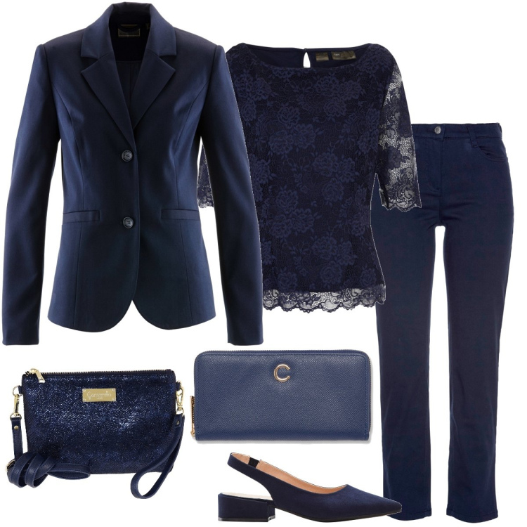 Outfit donna - Total look #1764333. Stile Chic per Tutti i giorni. Abbinamento con décolleté, bluse, blazer, pantaloni, portafogli, borse a mano.
