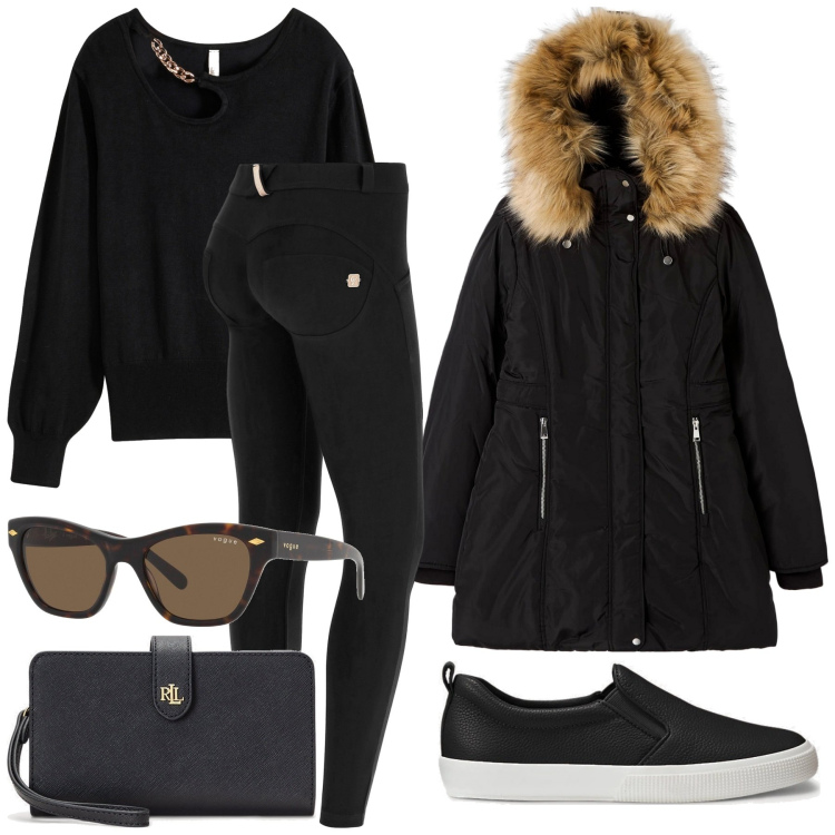 Outfit donna - Sporty chic- Il giubbotto Parka. Stile Sporty chic per Tutti i giorni. Abbinamento con occhiali da sole, maglieria, parka, pantaloni skinny, pochette, sneakers.