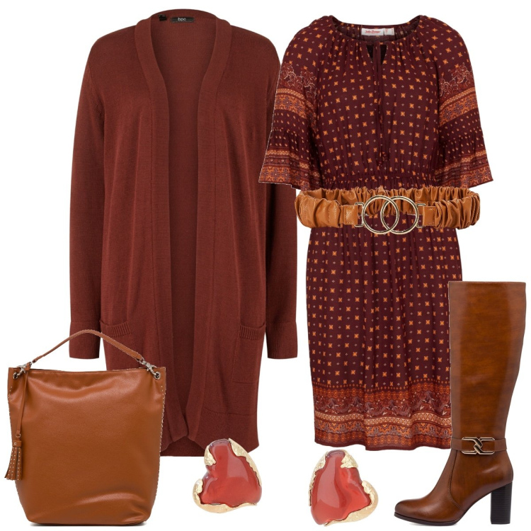 Outfit donna - Total look #1764337. Stile Casual chic per Tutti i giorni. Abbinamento con cardigans, vestiti, cinture, orecchini, stivali sopra il ginocchio, zaini.